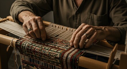 Traditional weaving process on vintage wooden loom with colorful ethnic pattern thread. Handmade textile manufacturing. Cultural artisan craftsmanship closeup view