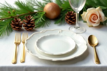 Elegant white tablecloth, gold cutlery, pine cones, christmasdecor, december, image