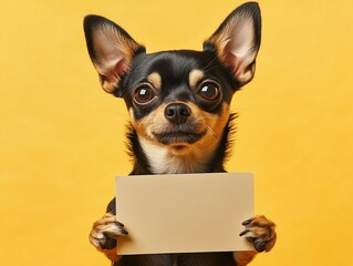 Cheerful, funny chihuahua holding up an empty sign, a white blank board with space for text, on a yellow background.