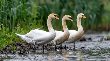 Three swans in shallow water, reeds in background.  Possible use stock photo