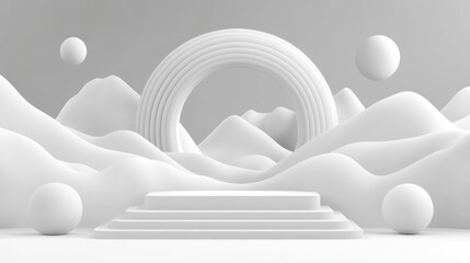 Abstract White Podium with Spheres and Mountain Range Background Display