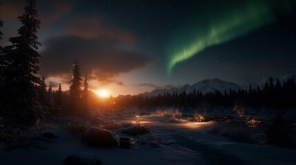 Spectacular Aurora Borealis Illuminates Frozen Wilderness Under Starry Night Sky