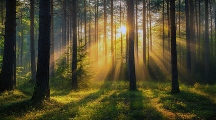 Fototapeta premium Golden sunset illuminating tranquil pine forest landscape