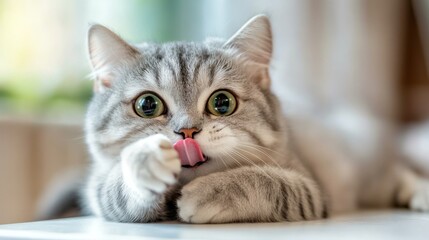 Obraz premium Gray Tabby Cat Licking Paw with Tongue Out Cute and Funny