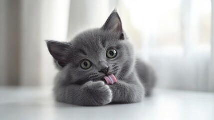 Cute Gray Kitten Licking Paw While Relaxing Near Window