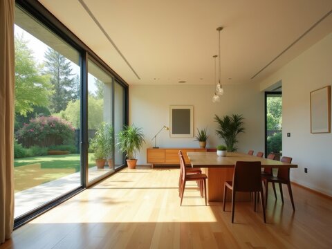 Amplio comedor ba&ntilde;ado por el sol con ventanales que se extienden hasta el techo
