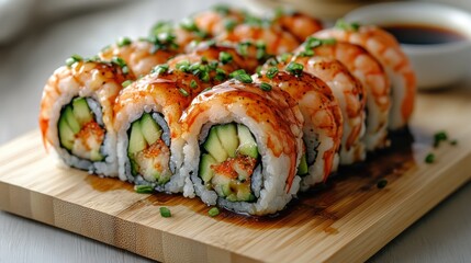 Teriyaki Shrimp Avocado Sushi Rolls on Wooden Board with Soy Sauce