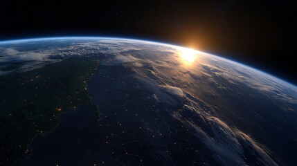 Fototapeta premium Stunning 3D Perspective Of Earth In Space Showing Sunrise With Illuminated Surface