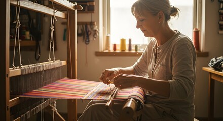 Traditional weaving process on vintage wooden loom captured in warm sunlit workshop. Senior woman artisan creating handmade textile with colorful threads. Craft heritage preservation