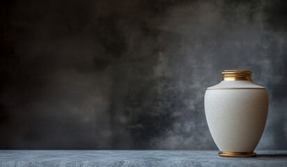 White and gold cremation urn on grey surface with dark background