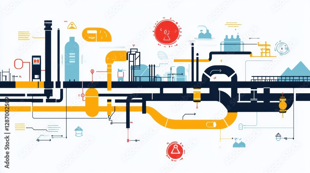 Poster Minimalist infographic depicting gas pipelines infrastructure and flow patterns in an industrial setting. Generative AI