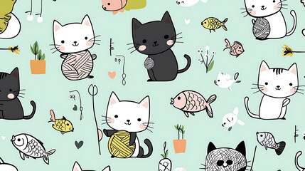 A colorful cat and fish patterned wallpaper. generated using AI