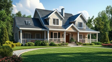 Suburban home with covered porch and landscaped garden on sunny day