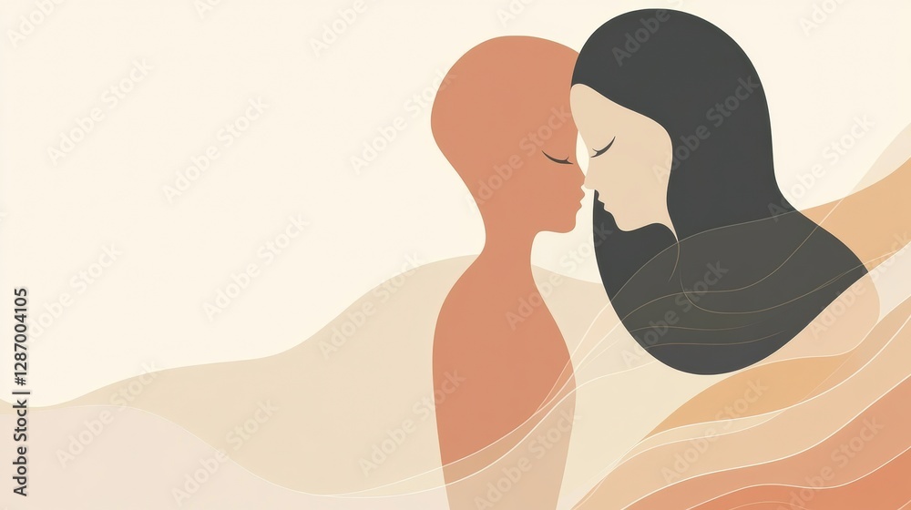 Poster two people embracing harmoniously in a minimalist illustration under soft pastel tones during a sere