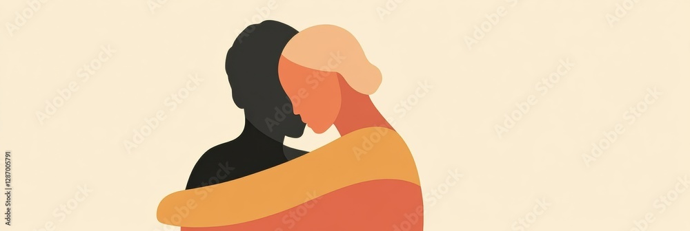 Poster embracing connection and warmth in a minimalist art style with two individuals sharing a hug. genera