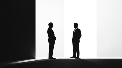 Fototapeta premium Two business professionals engage in a conversation in a minimalist setting with contrasting light and shadow. Generative AI