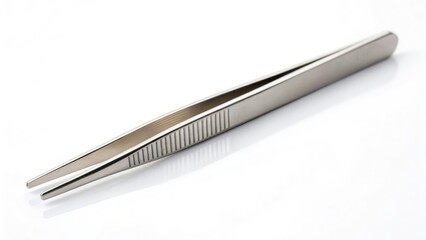 A pair of metal tweezers lying flat, ready for use