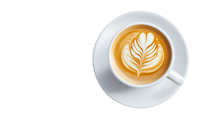 Coffee latte, latte art, Winged Tulip,  white coffee cup top view on transparent background PNG format. Copy space for text.