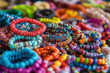 Table Filled with Friendship Bracelets Featuring Colorful Beads and Symbols of Unity and Love for Down Syndrome Awareness