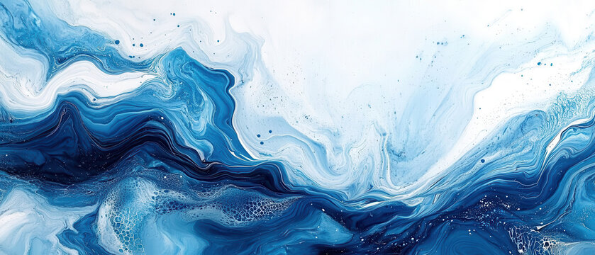 An abstract depiction of blue and white waves flowing seamlessly across the canvas, evoking a sense of tranquility and movement