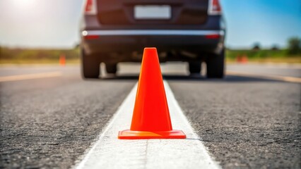 a traffic cone is placed in the middle of the road in front of a car