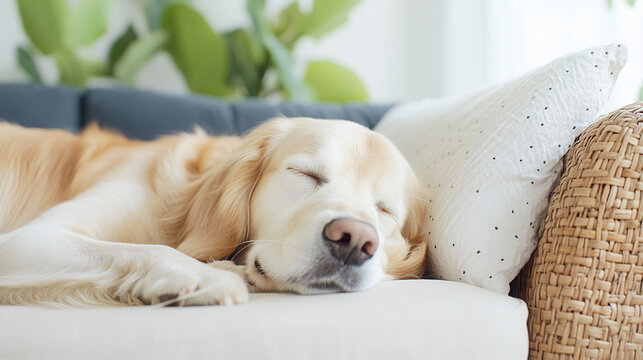 A golden retriever peacefully sleeping on a couch in a bright coastal living . Tired happy dog sleeps on the couch after a walk. close-up