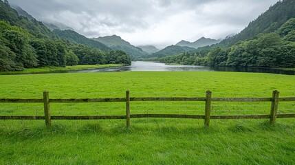 Green valley with river and mountains, tranquil rural scene, suitable for wallpapers, nature background - obrazy, fototapety, plakaty