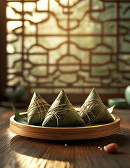Dragonboat festival concept, Zongzi Offering, podium background, zongzi, sticky rice dumplings wrapped in bamboo leaves, elegant wooden trays, Chinese pavilion, Duanwu, Chinese tradition