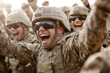 Soldiers are cheering and shouting while raising their arms in a triumphant celebration of victory