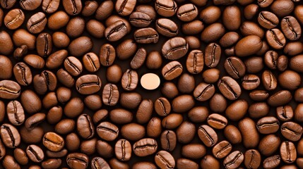 Obraz premium Roasted Coffee Beans Background with a Single Unroasted Coffee Bean