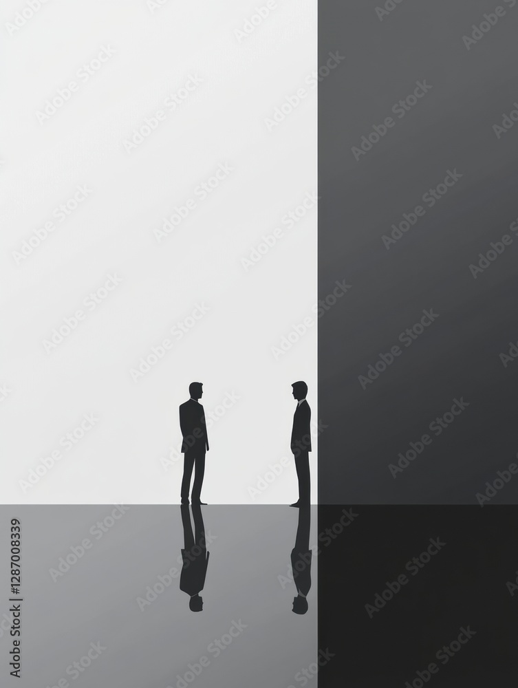 Fototapete two silhouettes engage in a conversation within a minimalistic contrasting environment at dusk. gene