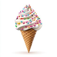 Cone of vanilla ice cream with colorful sprinkles isolated on white background
