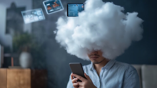 Navigating mental fog from excessive screen time: young adult male surrounded by virtual cloud illustrating digital overload and cognitive strain