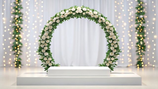 a wedding stage decorated with a floral arch and backdrop. It is illuminated with fairy lights, creating a romantic ambiance