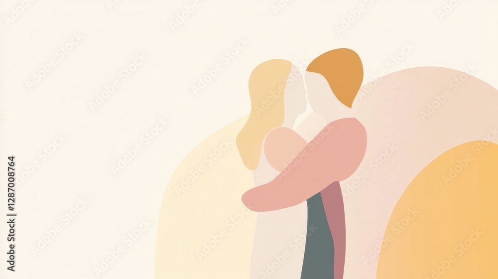 Poster embracing moments of connection and warmth between two individuals in a minimalist style illustratio
