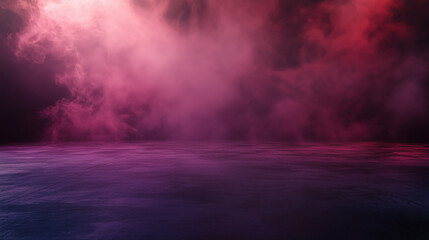 Fototapeta premium Contemporary Studio with a Textured Concrete Floor and Dark Burgundy Backdrop, Complemented by Wisps of Smoke, Creating an Elegant and Mysterious Setting for Showcasing Premium Products in Stock Image