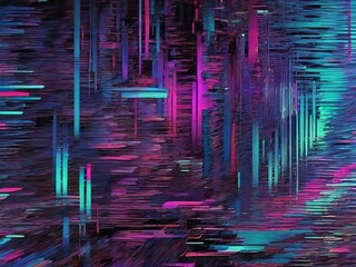 Abstract glitch texture with chaotic digital noise, torn pixels, bright neon colors 