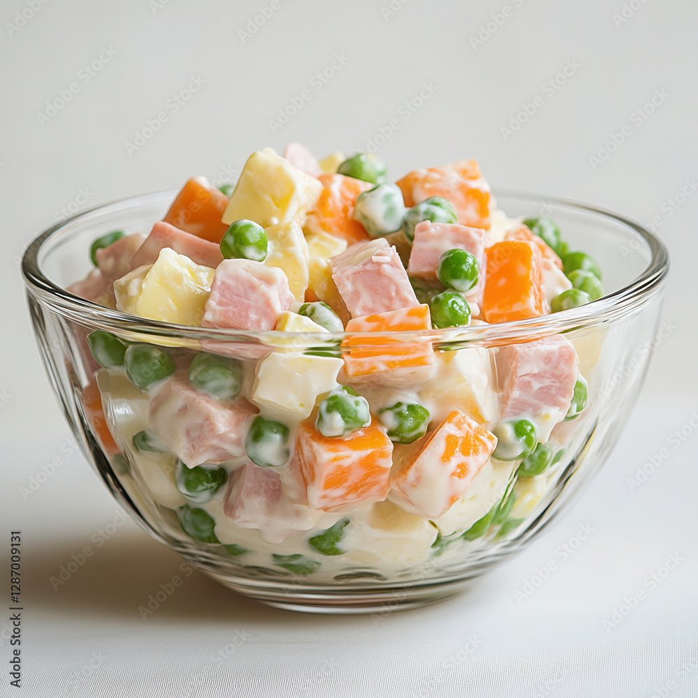 Wall mural Delicious traditional Russian salad with ham, carrots, peas, and egg in a clear glass bowl on a minimalist white table setting Olivier