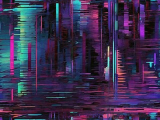 Abstract glitch texture with chaotic digital noise, torn pixels, bright neon colors 