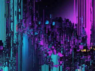 Abstract glitch texture with chaotic digital noise, torn pixels, bright neon colors 