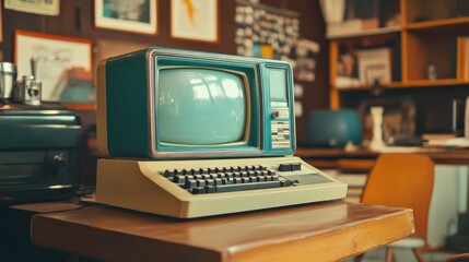 Vintage Computer on Desk, Retro Technology at Home, Nostalgia