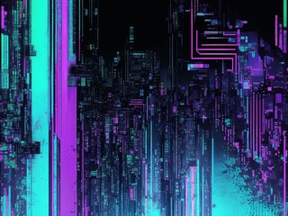 Abstract glitch texture with chaotic digital noise, torn pixels, bright neon colors 