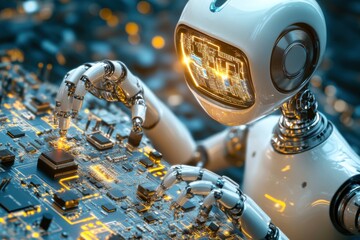 Robots engaging in intricate circuit design while illuminating a futuristic workshop