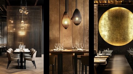 Elegant moodboard showcasing modern interior design elements, featuring stylish lighting, luxurious textures, and inviting dining spaces, perfect for contemporary aesthetics concept
