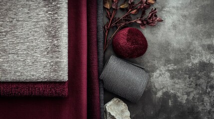 Moodboard showcasing rich textures and Burgundy grey colors with fabric swatches, decorative elements, and natural accents for modern interior design inspiration concept