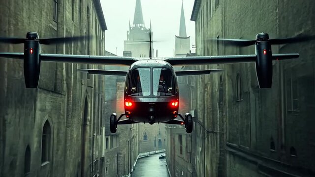 Dark Gray Electric Aircraft Flying Between Stone Buildings On Cloudy Day