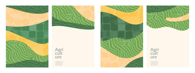 Agriculture, organic farms, rural landscapes green background. Spring and summer environmentally nature template. Eco-friendly brochure, poster, Japanese illustration with abstract vector design