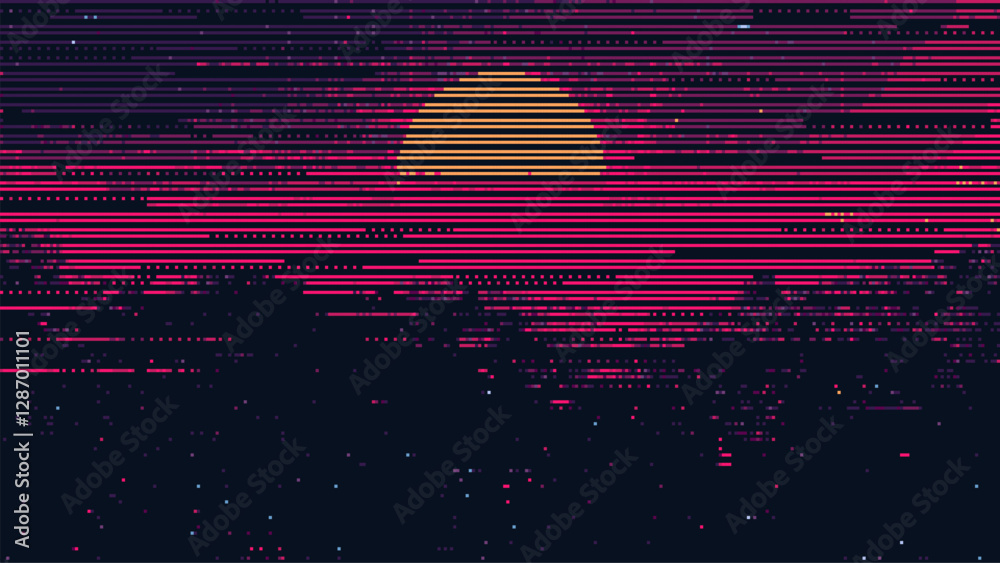 Poster 80s retro pixel art of an abstract digital sunset with glowing lines. pixelated glitch art backgroun