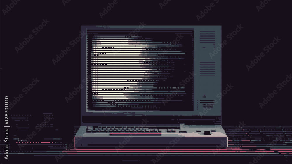 Aufkleber 8-bit pixel art computer screen with code on it. 1990s style graphic design with a black background. retro gaming aesthetic. glitch effects. vector graphics.