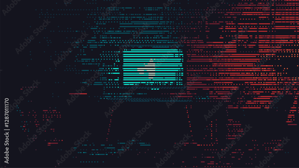 Poster glitch effect on a computer screen. 8-bit pixel art. glitchy lines on screen. dark room. minimalist design. Digital identity concept. security systems. vector illustration.